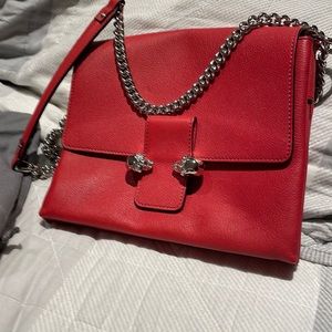 Alexander McQueen twin skulls red leather crossbody bag